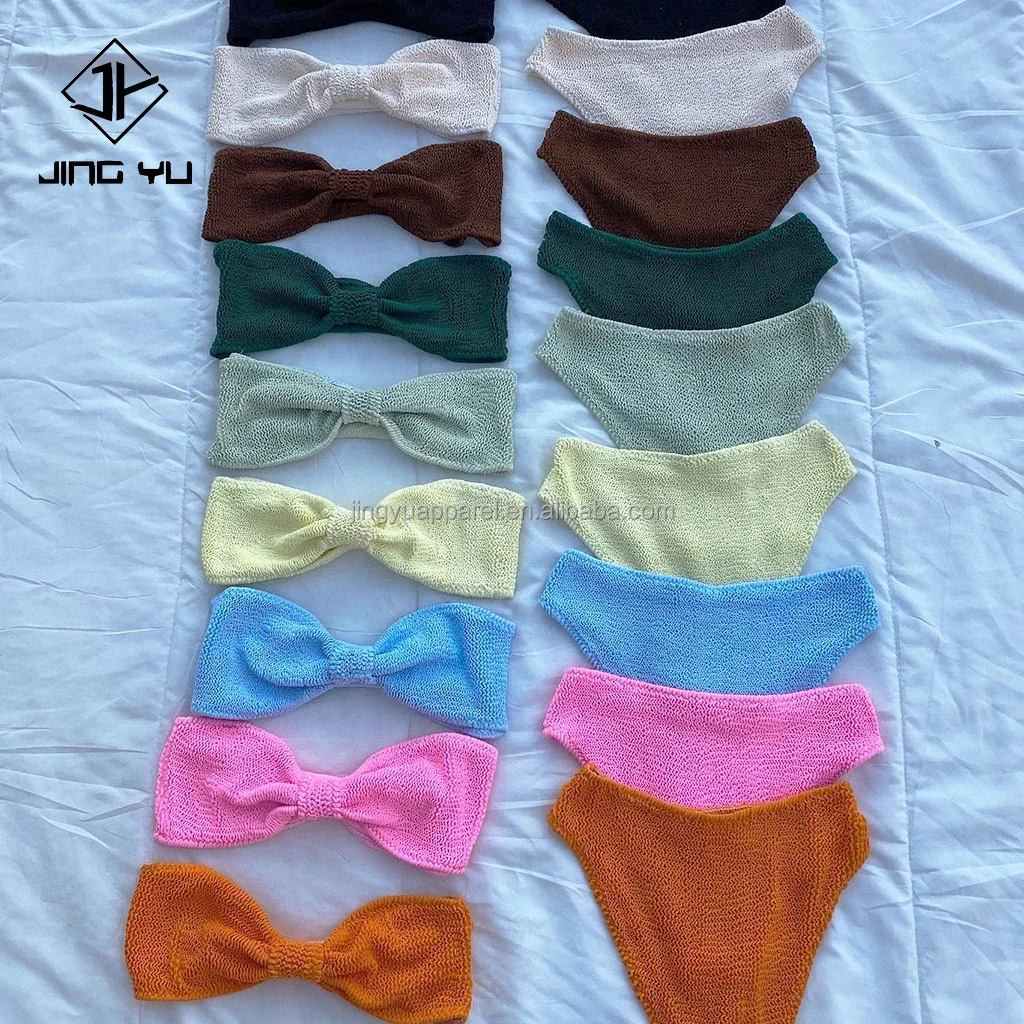 2024 Famous Brands Textured Stretchy Bandeau Bikini Custom Logo Swimwear Women Crinkle Rib Fabric Bikini