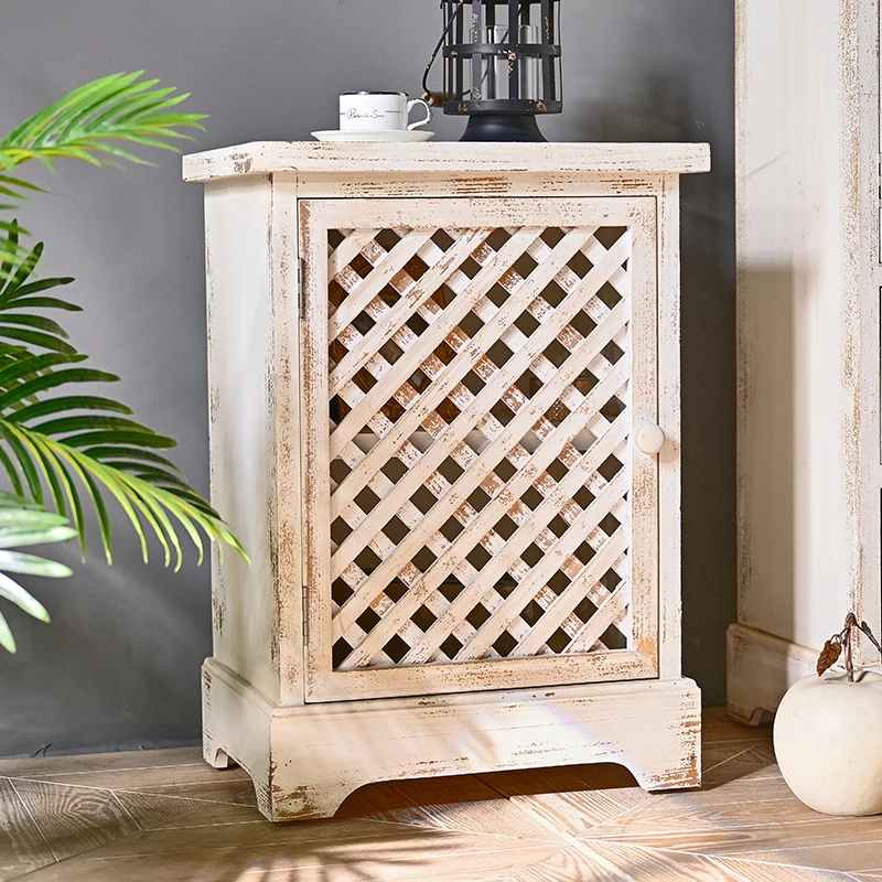 INNOVA Distressed Furniture Living Room Storage Cabinet Rustic White Carved Wooden Door Side Table Chest Cabinet with Shelves