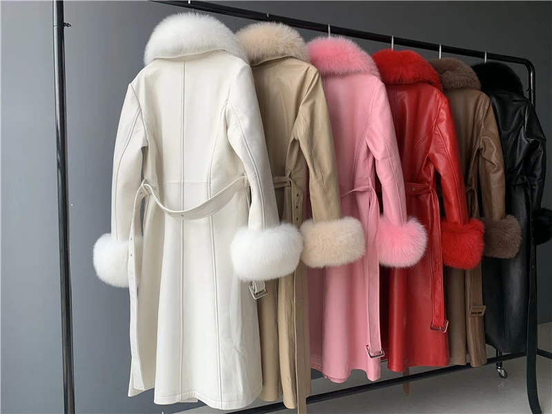 Luxury Fox Fur Collar Leather Trench Coat Woman Long Genuine Leather Trench Coats