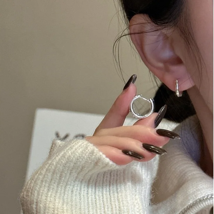 Simple S925 Sterling Silver Round Huggie Earrings Trendy Korean Jewelry