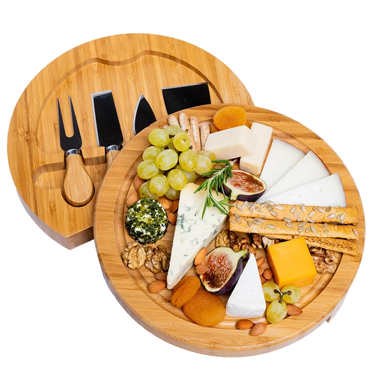 High Quality Round Thickened 9 inches Slide Out Drawer Personalized Small Cheese Board with 4 Knives Included