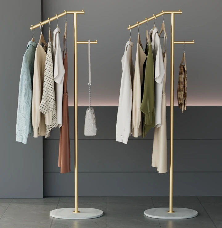 Kingze Modern 5 Hooks Standing Metal Gold Coat Racks Scarf Shelf Hijab Organizer Clothing Display Rack with Heavy Base