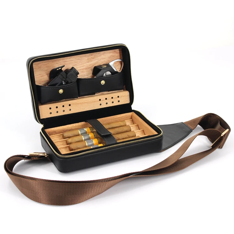 wholesale modern small  travel portable solid cigar box bag cedar leather  cigar case humidor