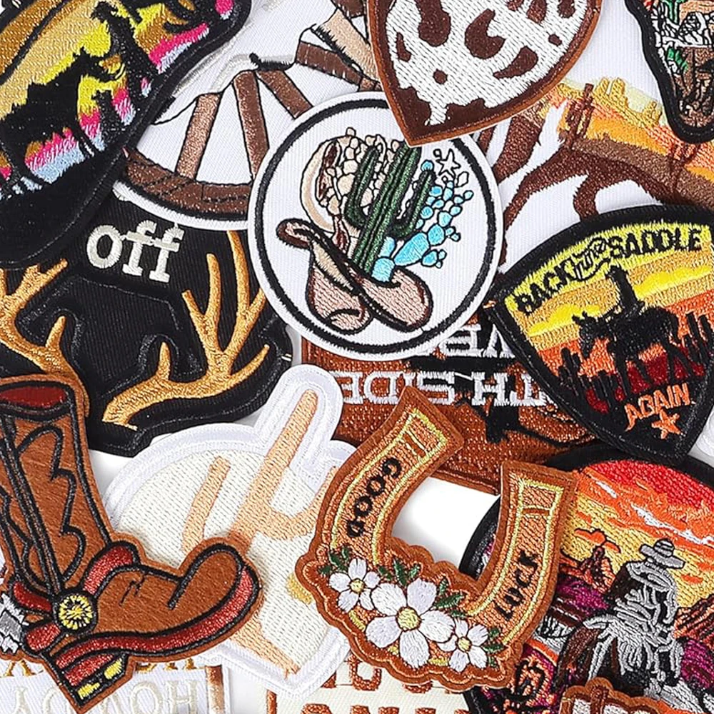 Western iron on patch custom wholesale woven embroidery Embroidered western cowboy heat press patches For Clothes hats