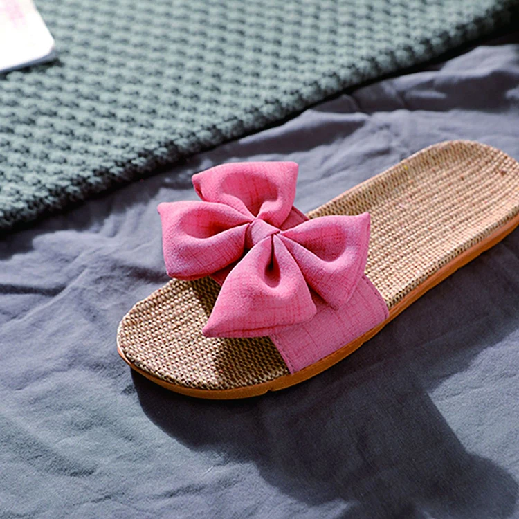New Design Summer Cool Lovely Bow Spinning Breathable Outdoor Beach Flax Linen Slippers Wholesale