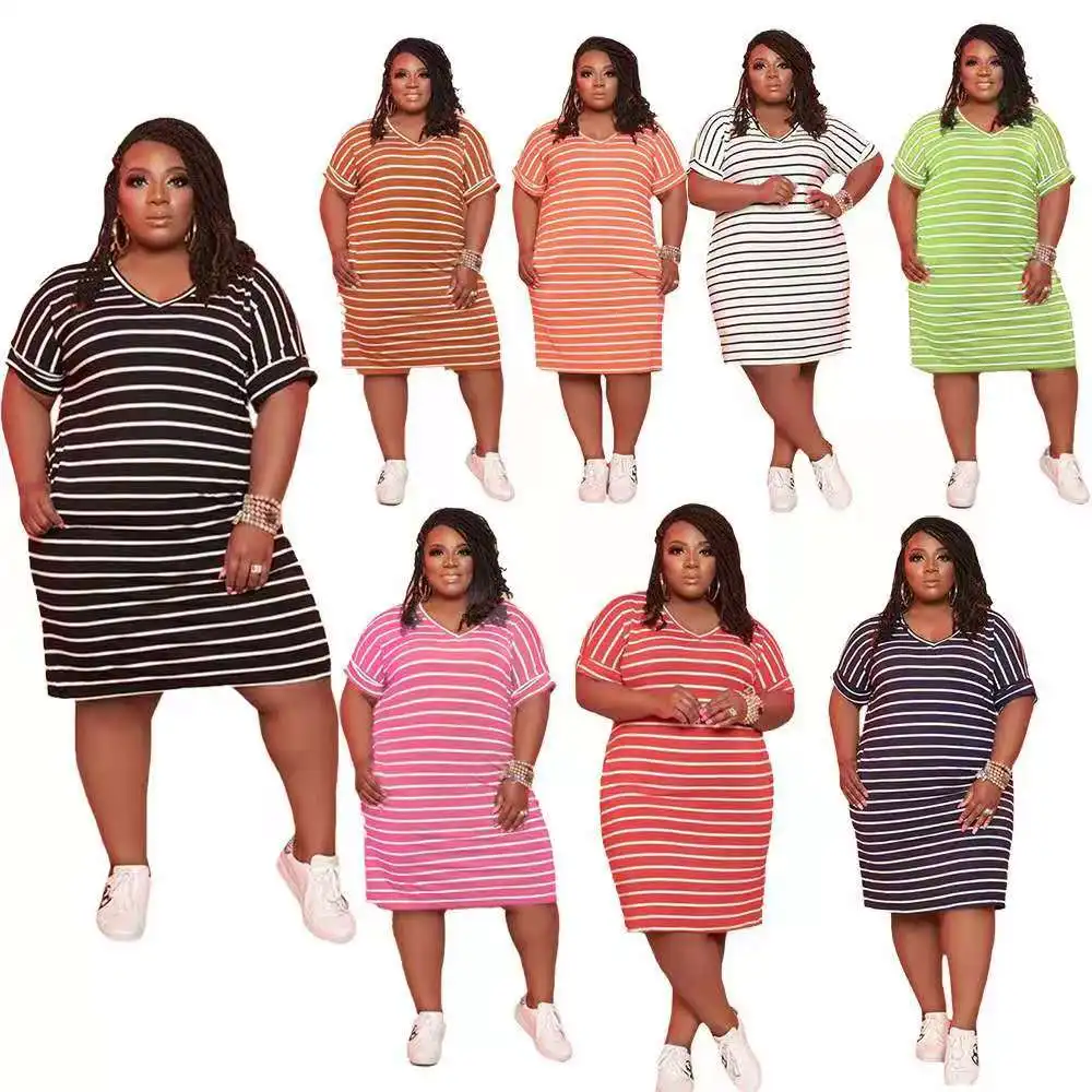 Hot Selling Women Dresses Loose Striped Women Tshirts Dress  women casual dresses summer