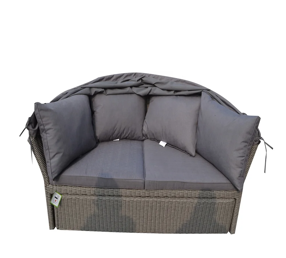 Round Sofa Bed Plastic Rattan Weave Outdoor Casual Garden Furniture Daybed with Canopy