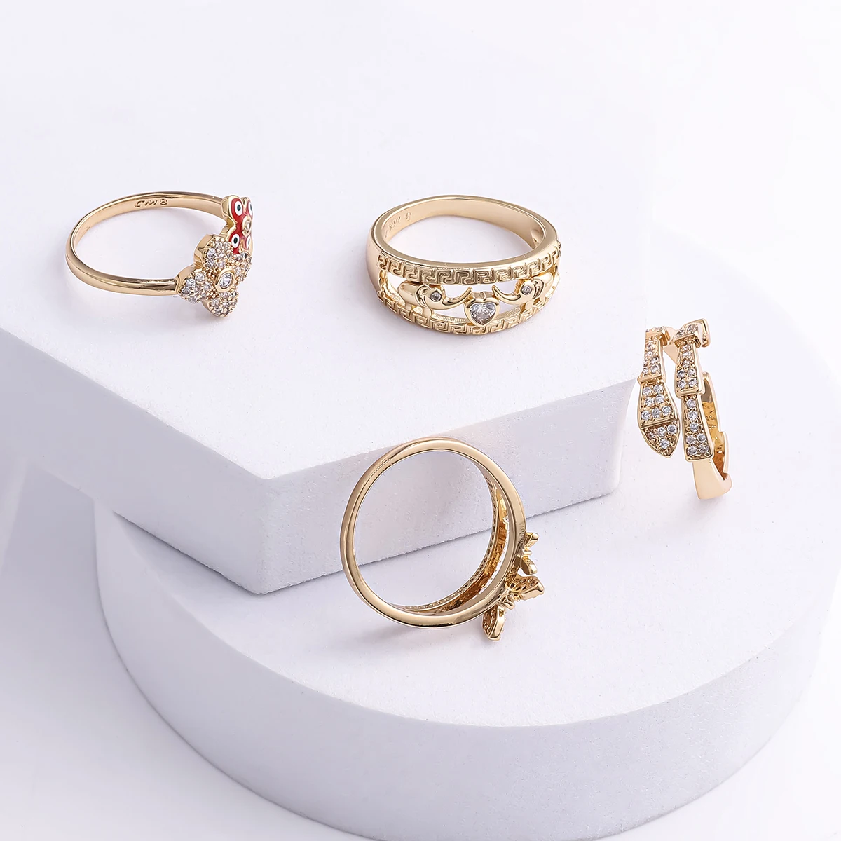 Trendy zircon rings jewelry copper 18K gold plated evil eyes snake elephant butterfly ring for women oro laminado mujer anillo