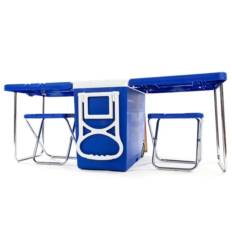 Outdoor Hard Plastic Ice Chest Cream Portable Camping Cooler Box Set With Table and Chair Wheels