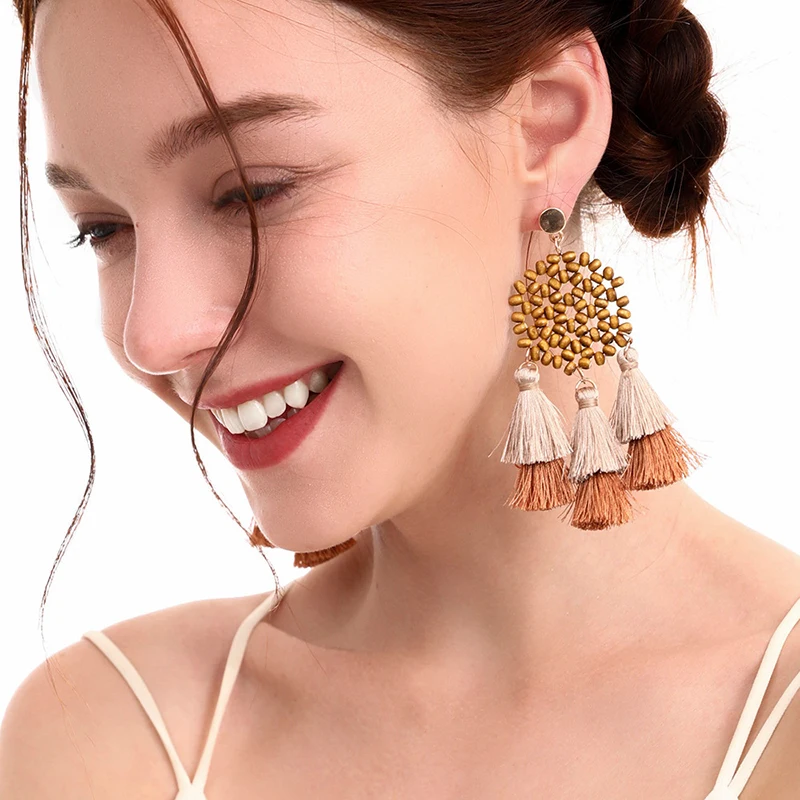 
New Arrival Long Large Tassel Earrings Statement Bohemian Wooden Bamboo Drop Earrings for Women 