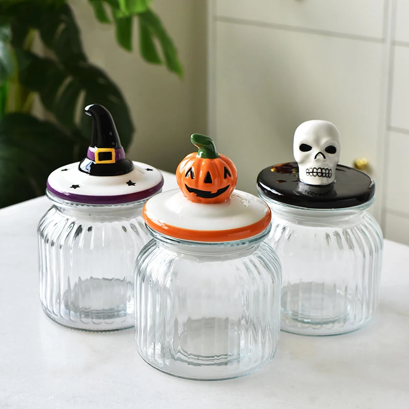 New Glass Nut Sealed Jar Halloween Storage Jar with Seal Lid Pumpkin Ceramic Canister Candy Jar with Lid for Halloween