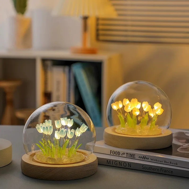 Diy Handmade Tulip Glass Table Lamp Night Light Customization Crystal Ball Flower Tulips Led Night Light
