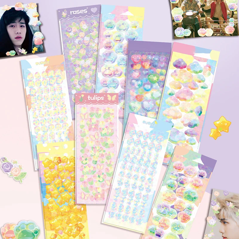 Custom Adhesive A4 A5 A6 Vinyl sticker label Kawaii Korean Rainbow Effect Glitter Kiss Cut Sticker Sheets Printing