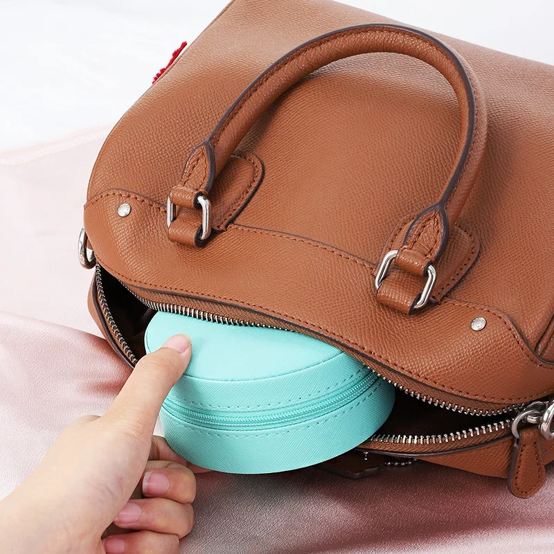 Macaron color round zipper pu leather jewelry organizer necklace earring small pu leather box pocket case custom jewelry box