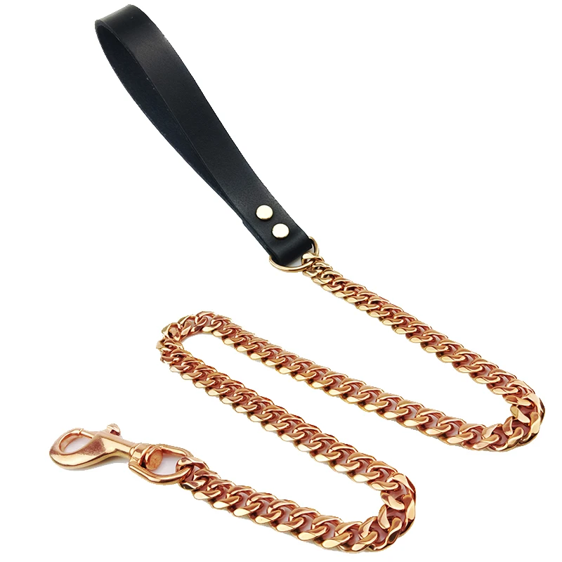 Luxury Stainless Steel Cuban Chain Dog Leash Electroplated Gold Dog Lead No Colour Loss Metal Pet Leash With Leather Handle