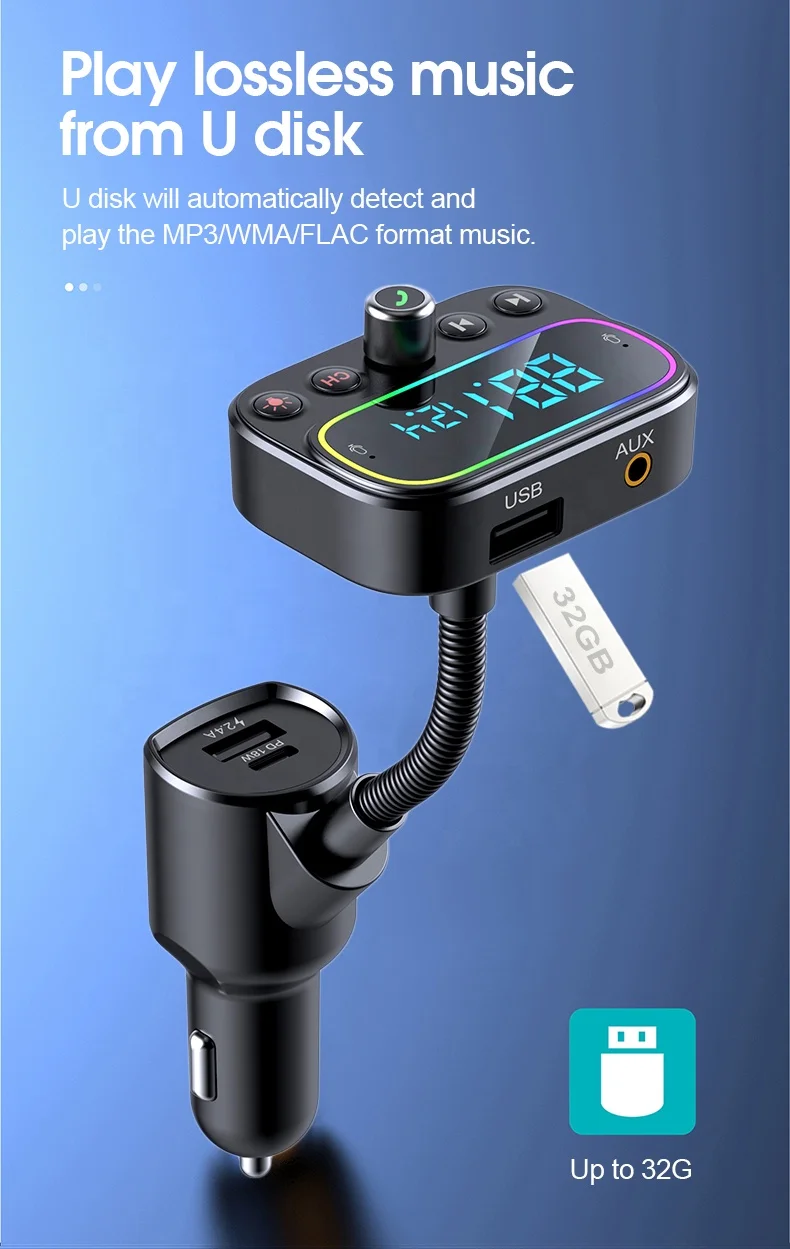 AGETUNR T67 BT V5.0 FM Modulator RGB light 20W PD 18W QC3.0 fast charge car mp3 player Handsfree U disk Music AUX Out Dual Mic