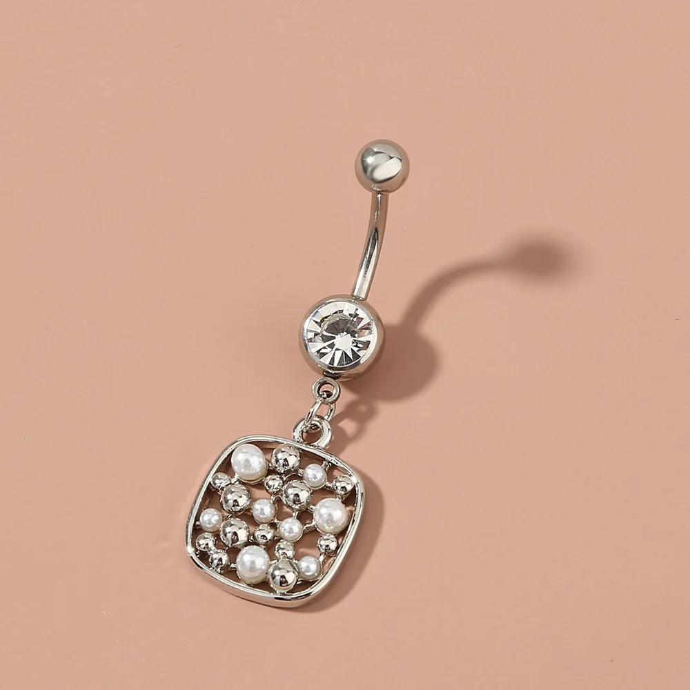 European Style Geometric Body Piercing Jewelry Pearl Belly Ring Stainless Steel Zircon Navel