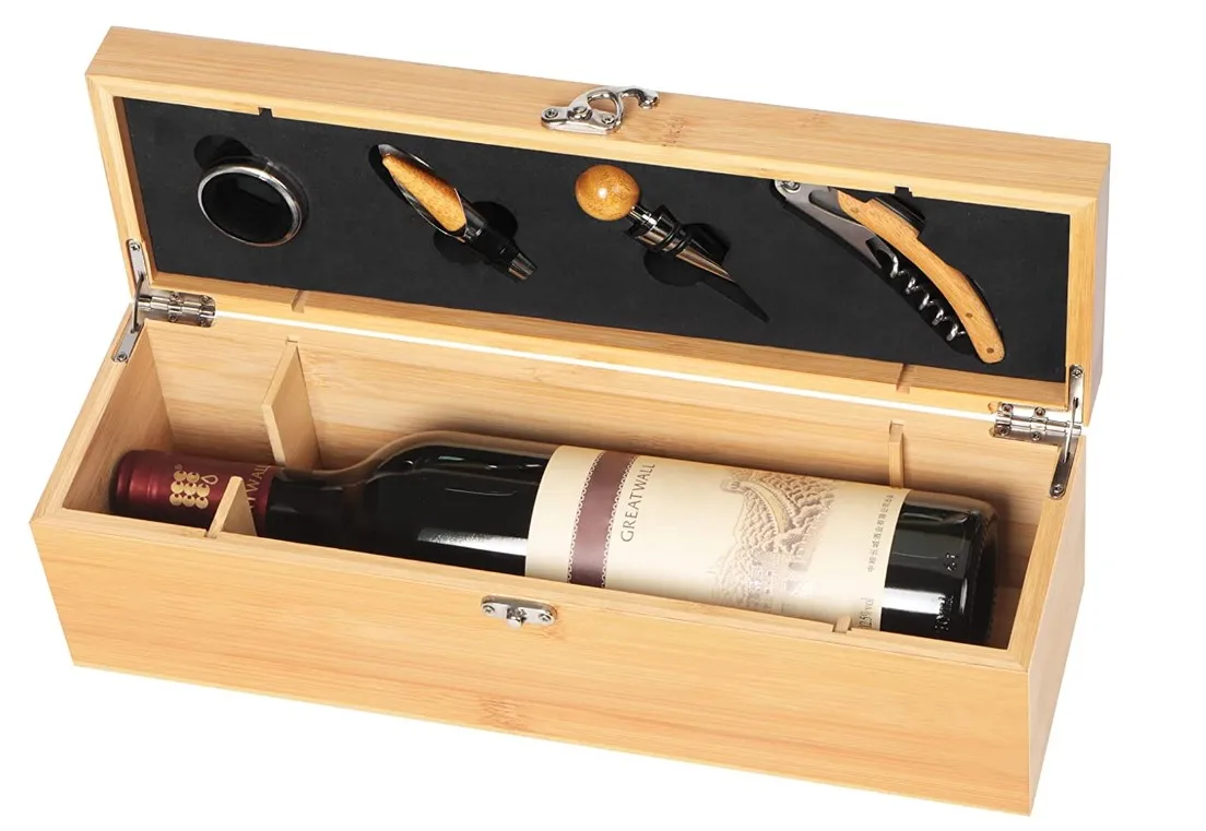 Wine Box with 4  Accessories Set Fathers Day Wine Gifts for Men Dad Gifts Bamboo Wine Case with Tools Set