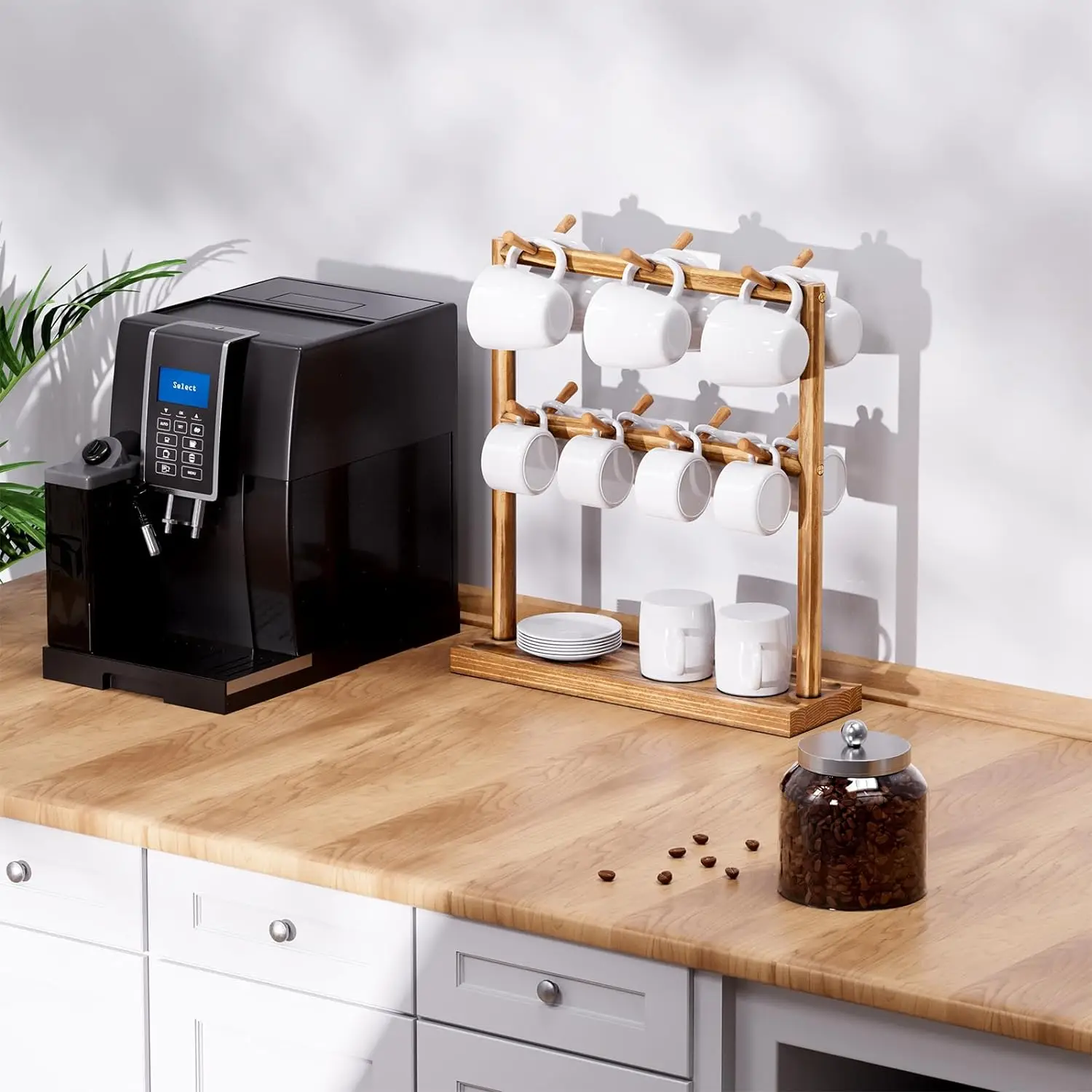 Mug Holder Coffee Cup Shelf for Counter, 2 Tier Wood Mug Tree Stand Organizer with 14 Sturdy Hooks and Storage Base,