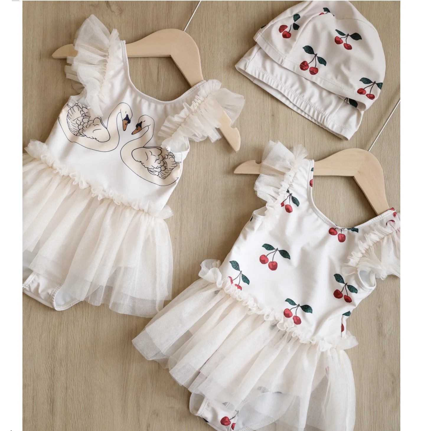 1 Pcs Private Label Summer One Piece Cherry Sunscreen Quick Drying Girls Baby Swimsuit With Swim Hat