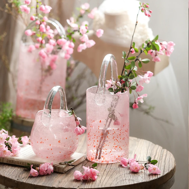 Big Size Pink bucket ornaments creative cultivated glass handbag bag Glass & Crystal Vases Pink Purse Vase