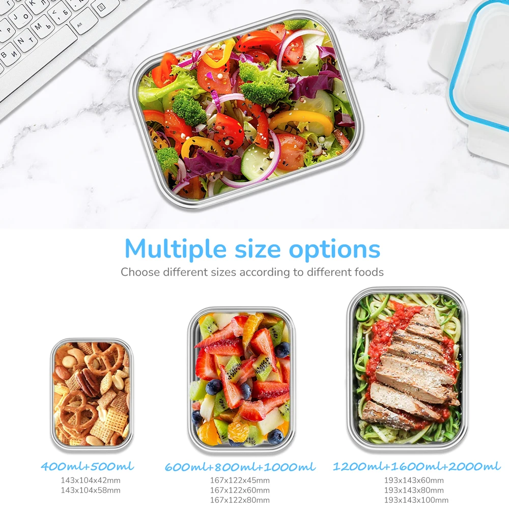 304 Stainless Steel Airtight Bento Lunch Box Lid Microwave Safe Food Grade Container Reusable Stackable Nestable Metal Meal Prep