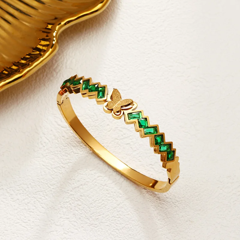High Quality Stainless Steel 18k Gold Tennis Zircon Shell Heart Butterfly Bangle Women Cross Turquoise Clover Bangle For Gift