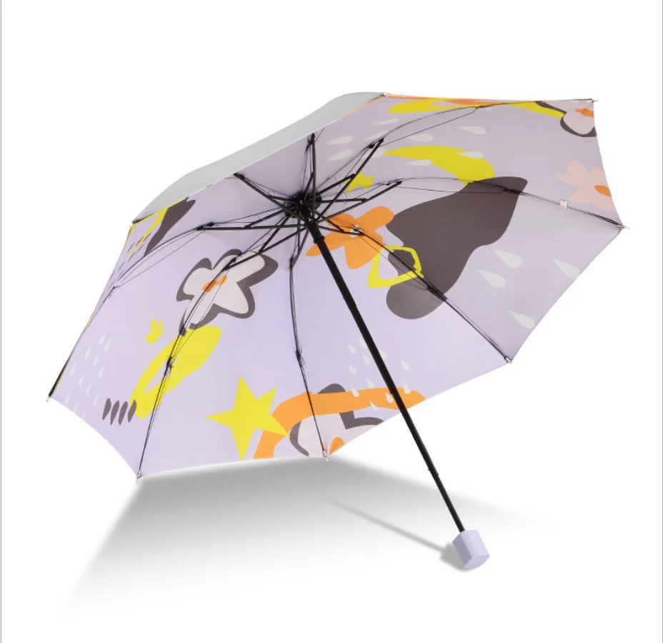 Newest Colorful China Amazing Customized Design Wholesale Printing 3 Folding Manual open Umbrella with Anti UV black coated