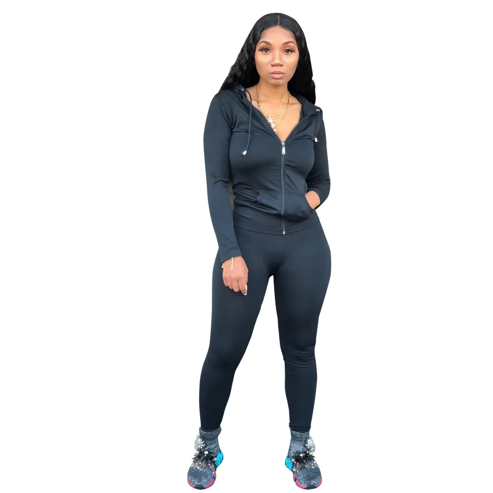 
2021 New Arrivals Plus Size Women Hooded Drawstring Long Sleeve Jacket Slim Pants 2 Pieces Set Solid Outfits Fitness Tracksuit 