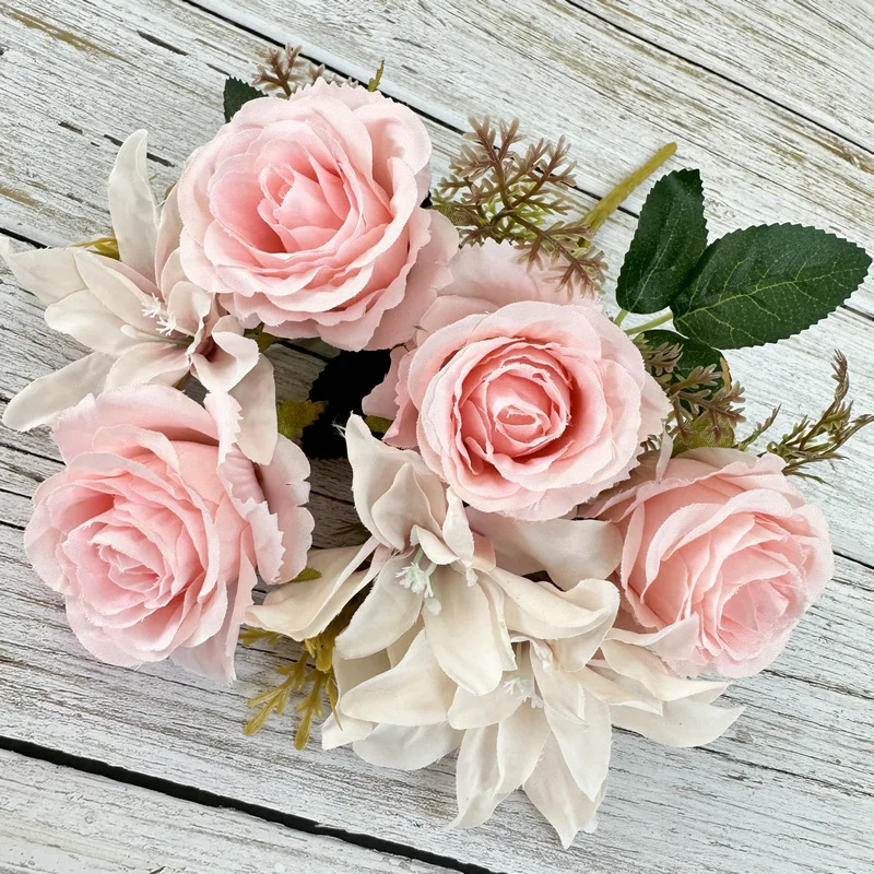 Wholesale High Quality 7 Heads Silk Flower Red Bunch Roses Bouquet Artificial Flower Rose Bouquet
