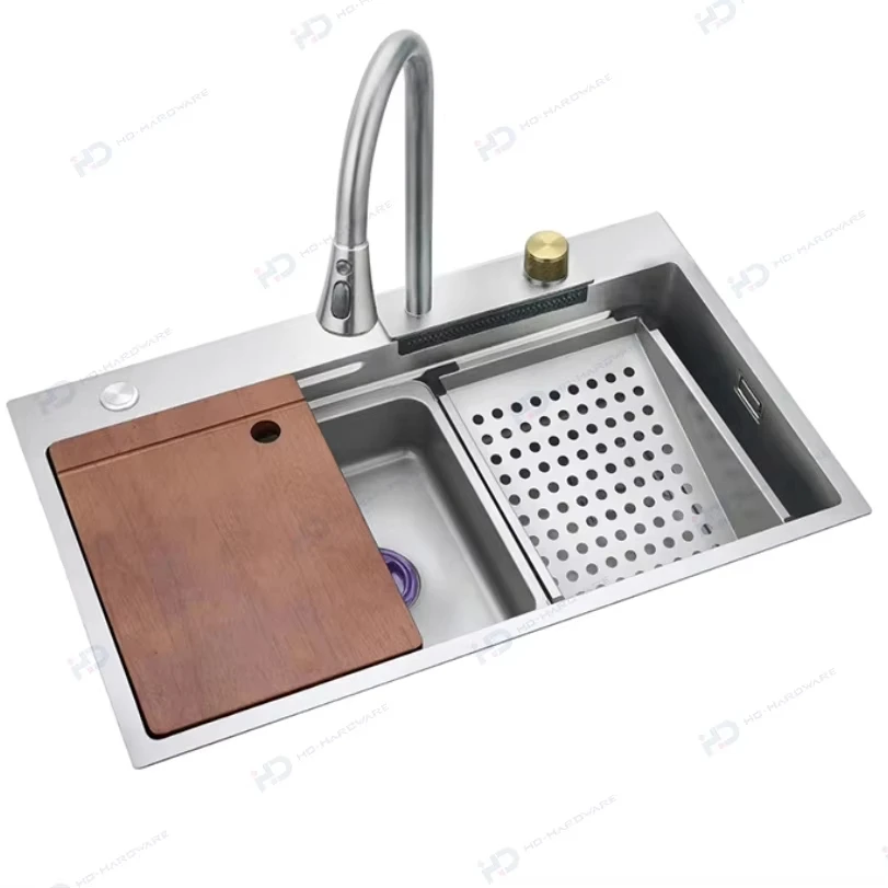Kitchen Sink Honeycomb Embossed 304 Stainless Steel Rainfall Waterfall Large Single-slot Home Washbasin Under-counter Washbasin