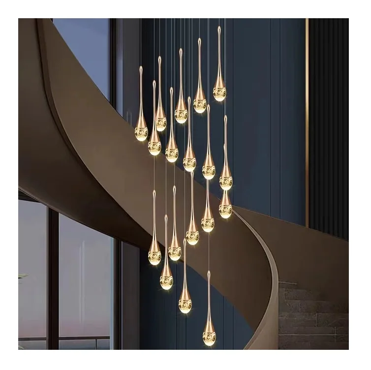 Modern simple long gold raindrop crystal chandelier pendant lamp for duplex villa staircase living room