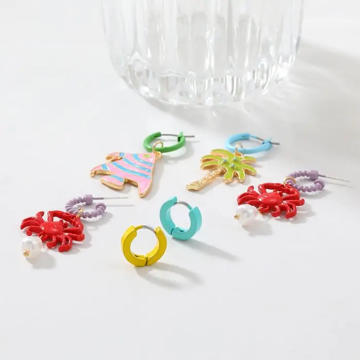 3 pair /set New Bohemian Cute Drip Oil Ocean Animal Fish Crab Tree hoop Earring Holiday Party Women Accessories