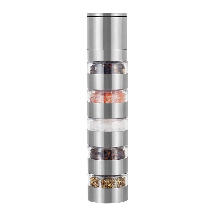 Grinder Top with 5 Jar Collapsible Grinder 18/8 Stainless Steel Transparent Container With Different Salt and Pepper Mill