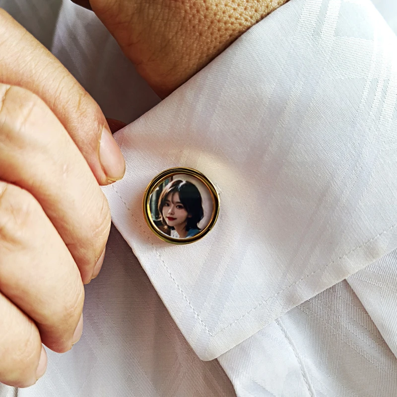 Wholesale High Quality Photo Cufflink Clip Set Gold Plated Custom Logo Man Button Photo Holder Display Cufflink for French Shirt