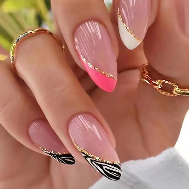 New Personalized 24pcs Press On Nail kit red white black twill French Almond false nails supplies artificial fingernails Tips