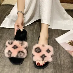 Wholesale Warm Soft Bedroom Shoes Women Men Plush Cotton Couple Cute House sandals Anti-slip Slippers Leopard print fur slippers