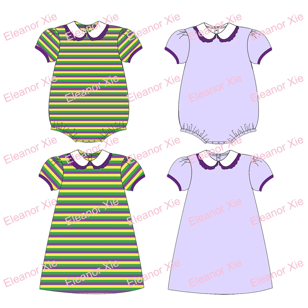 Mardi Gras children girls dresses spring sisters matching outfits short sleeve knitted cotton toddler baby dress for girl