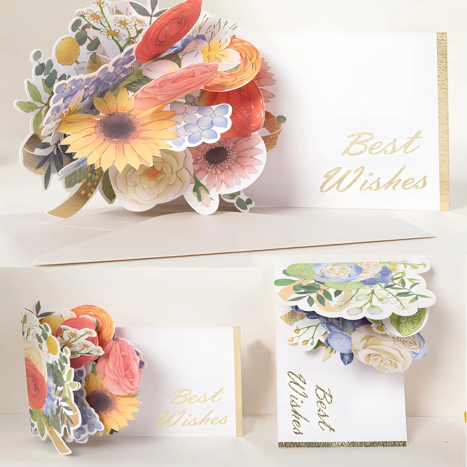 3D Greeting Card 4 packs Pop Up Paper Flower Card with Envelope Gifts for Birthday