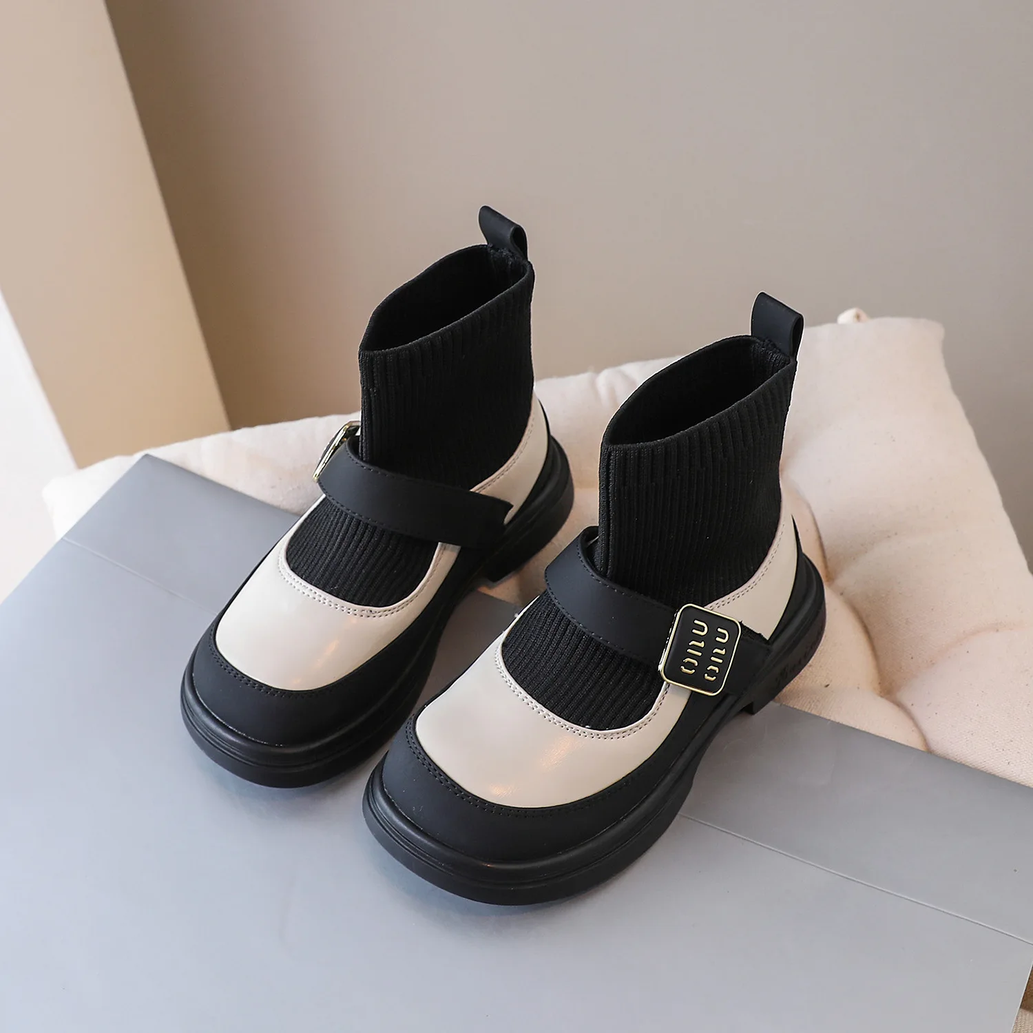 Girls Princess Dress School Uniform Booties Shoes Toddler Kid Youth Stretch Knit Hook Loop Boot Children Ankle Short Sock Boots