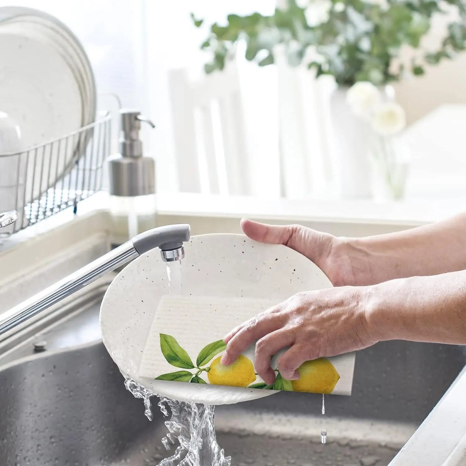 Wholesale Custom Printed Biodegradable Kitchen Cleaning Dishcloth Lemon print Cellulose Sponge Cloth Swedish Dish Cloth