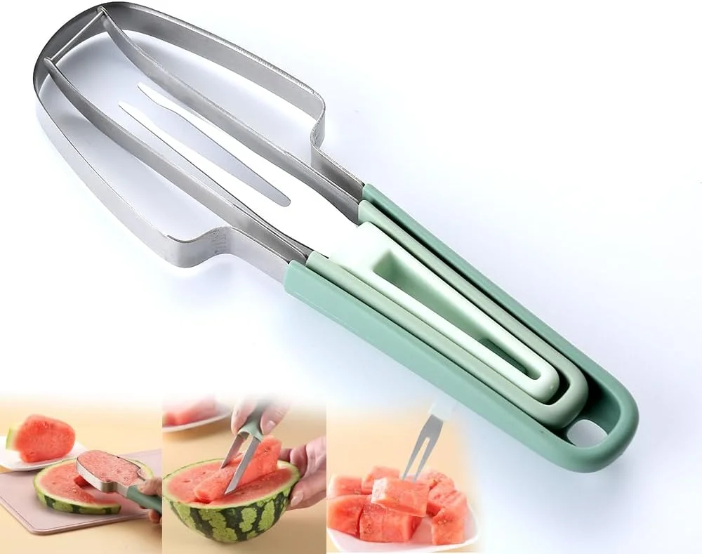 2024 Stainless Steel 3-in-1 Watermelon Windmill Cutter Summer Home Vegetables Hand Knife PP Fork Slicer Food Metal PC Material