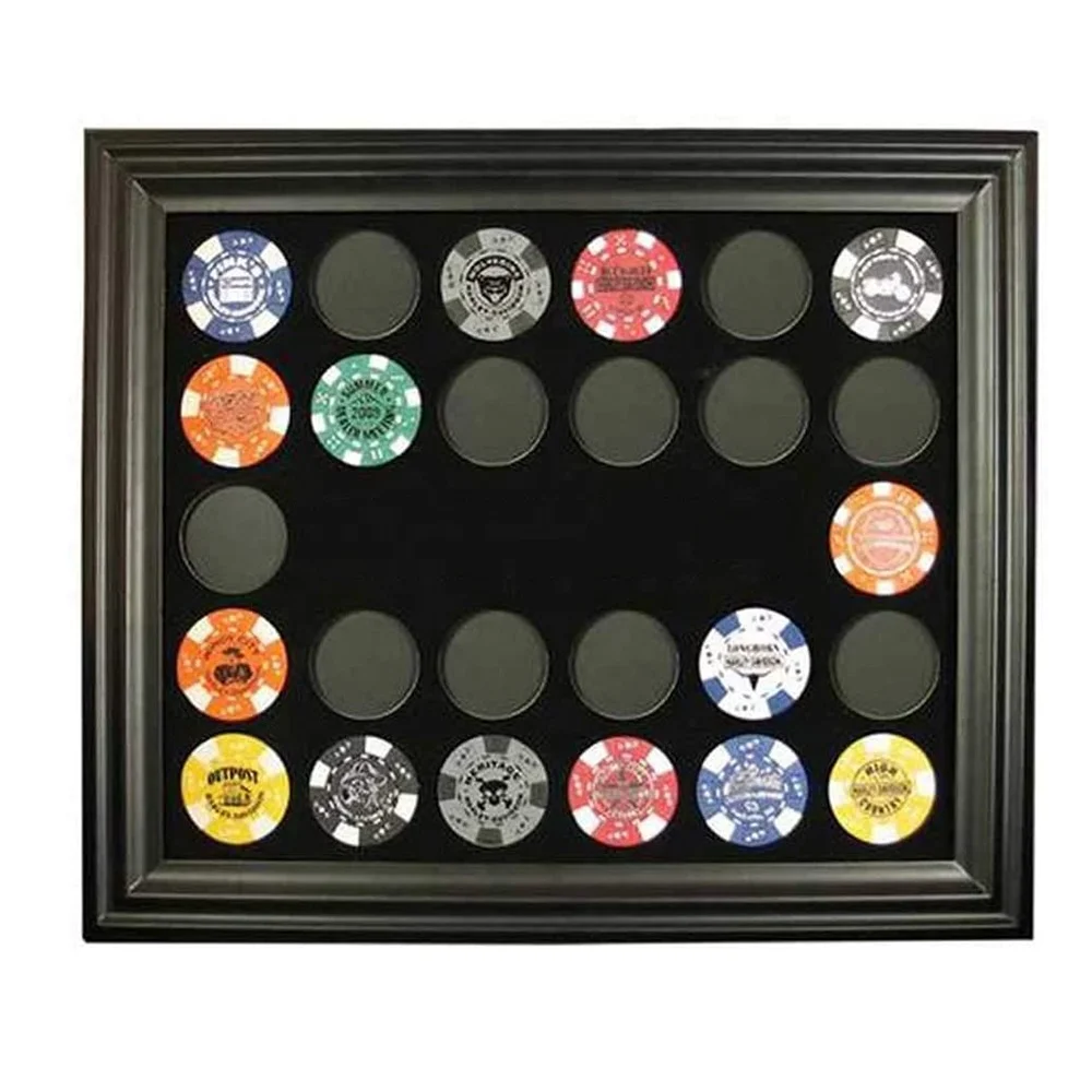 High quality black wood Holds 76 Poker Chips Shield Chip Collector Frame display case for home decoration