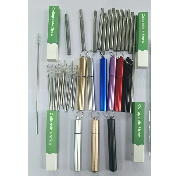 Portable Foldable Retractable Reusable Custom Metal Telescopic Stainless Steel 304 Metal Collapsible Drinking Straw Set