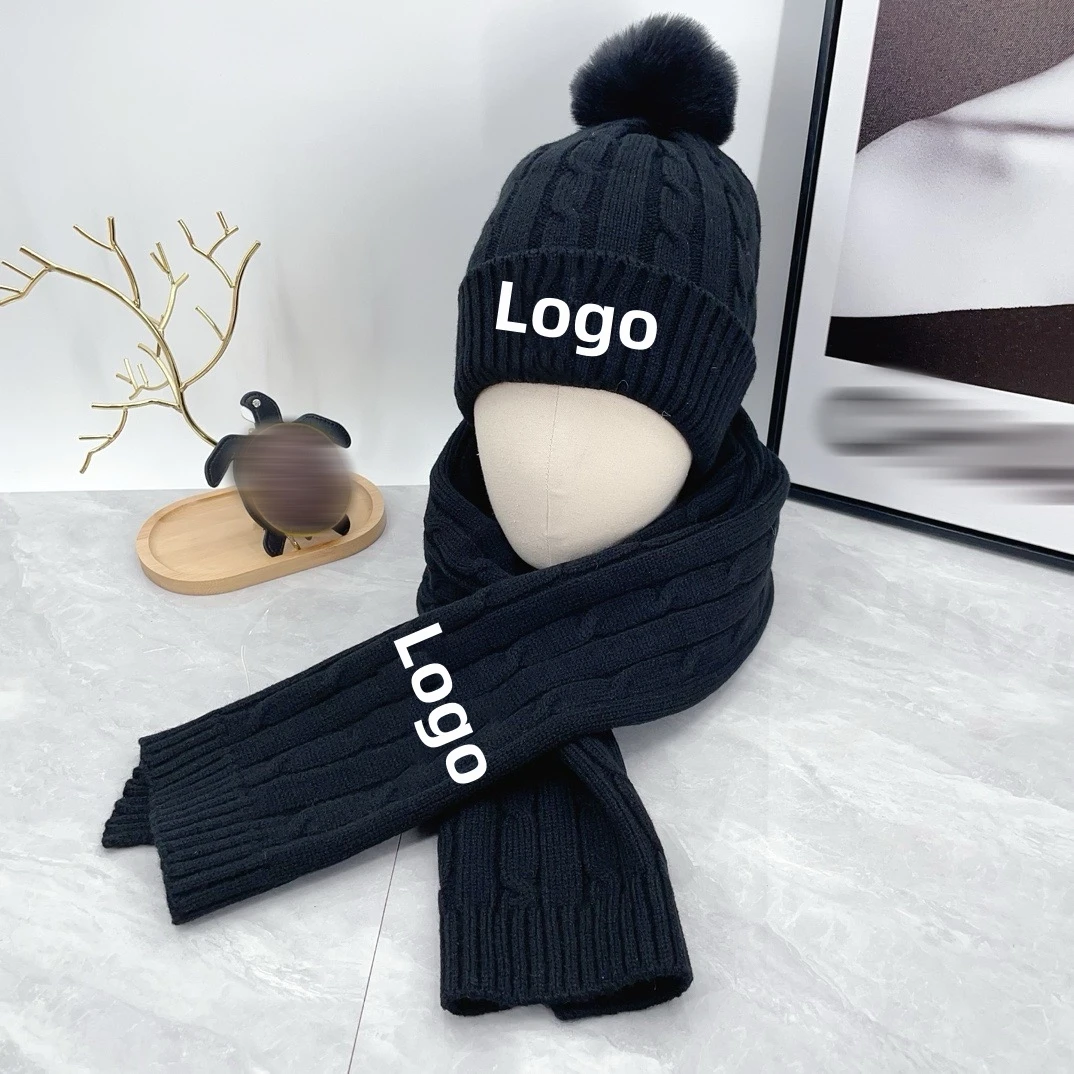 Wholesale designer hats winter fashion wool knit brand beanie and scarf set for women
