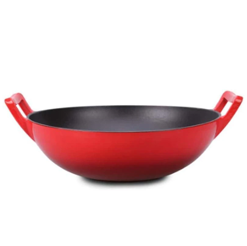 Double Handle Round Non-stick Pan Kitchen Cookware Enamel Cast Iron Frying Pan With Wooden Lid
