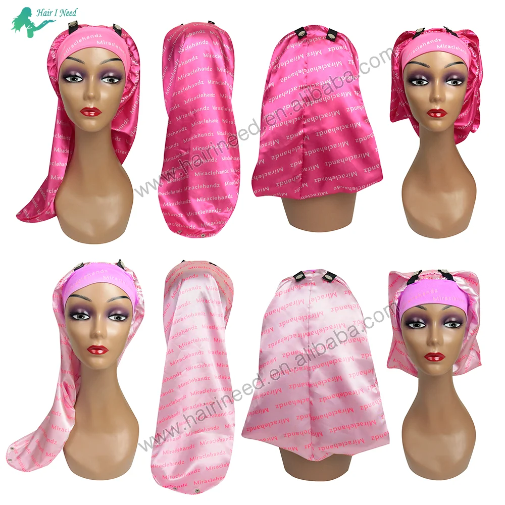 Private Label Braid Bonnets Custom Satin Long Bonnet With Snap Button Adjustable Extra Long Satin Hair Bonnet