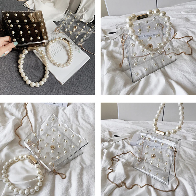 
Fashion Women Shoulder Bags Summer PVC Clear Handbags Transparent Evening Clutch Crossbody Jelly Bag Pearls Handle Beach Totes 