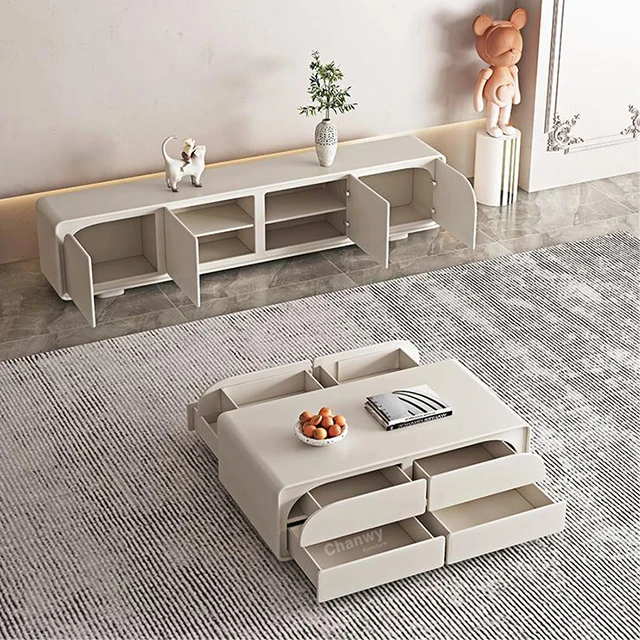 C71 Modern simple cream style household living room solid wood storage TV cabinet tea table combination