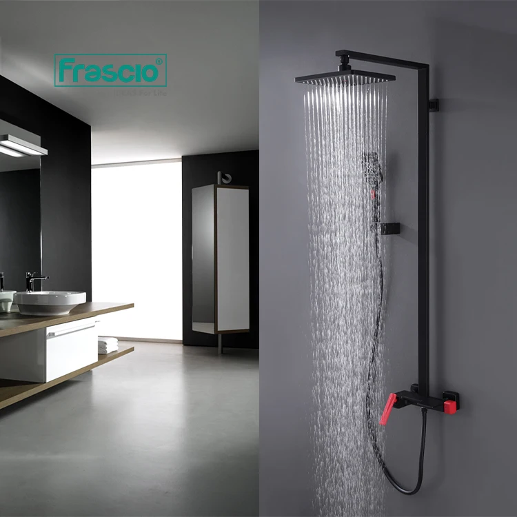 Frascio Red Matte Black Luxury Brass Square Shower In Wall Set Black Rainfall Shower Mixer Set With Slide Bar Black Shower Set